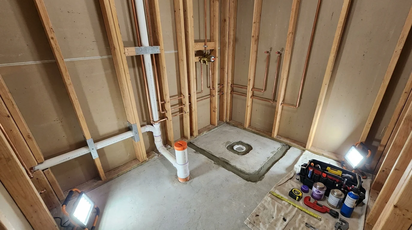 Bathroom rough-in plumbing during remodel by Johns Plumbing LLC in Old Greenwich