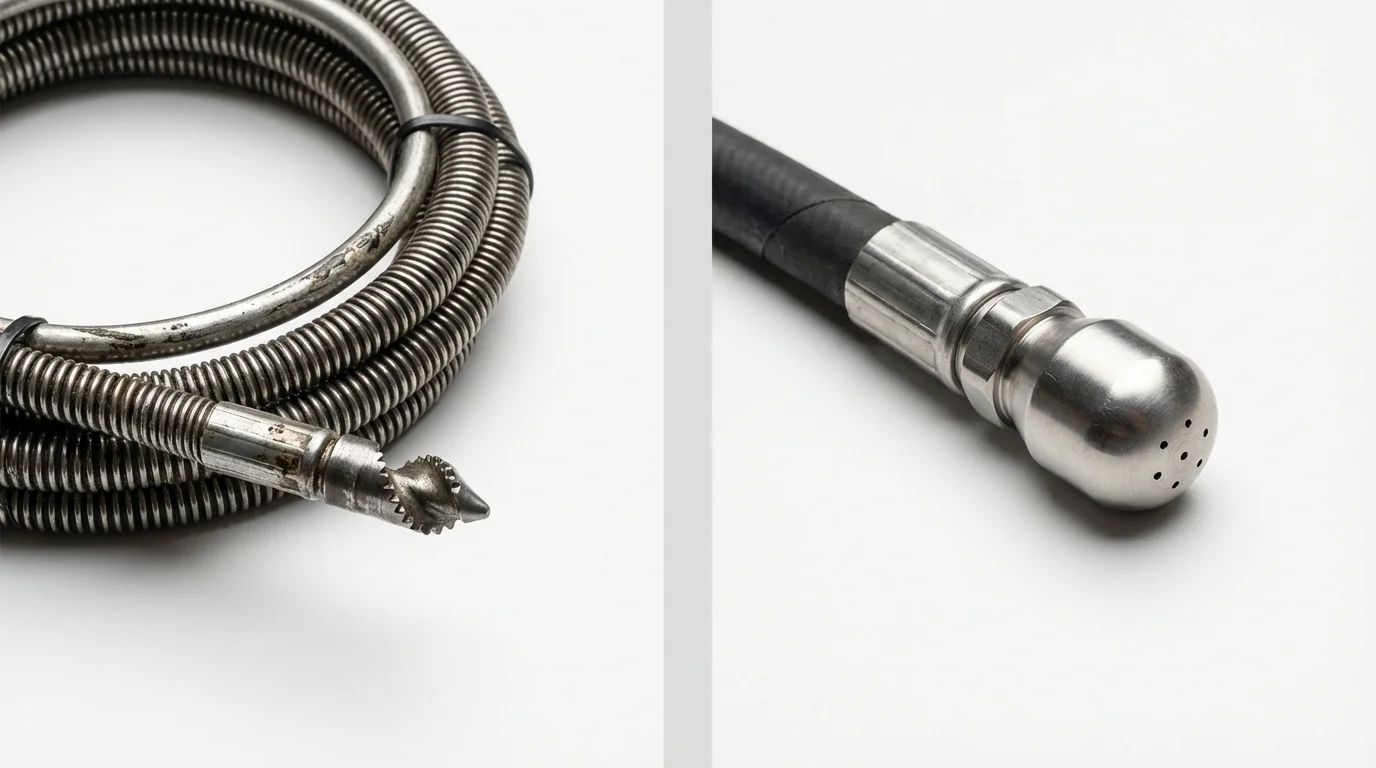 Drain snake cable and hydro jetting nozzle used for drain cleaning in Old Greenwich, CT