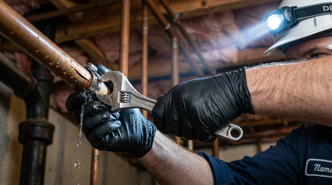 Emergency pipe clamp repair being performed by a Johns Plumbing LLC plumber in Old Greenwich