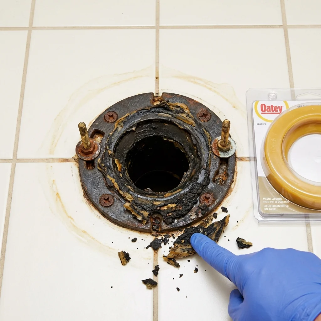 Failed wax ring showing water seepage at the base of a toilet in a Old Greenwich, CT home