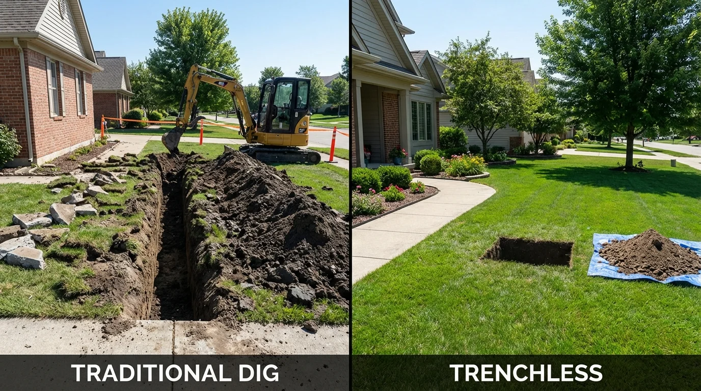 Trenchless sewer repair with minimal yard damage versus traditional excavation in Old Greenwich, CT