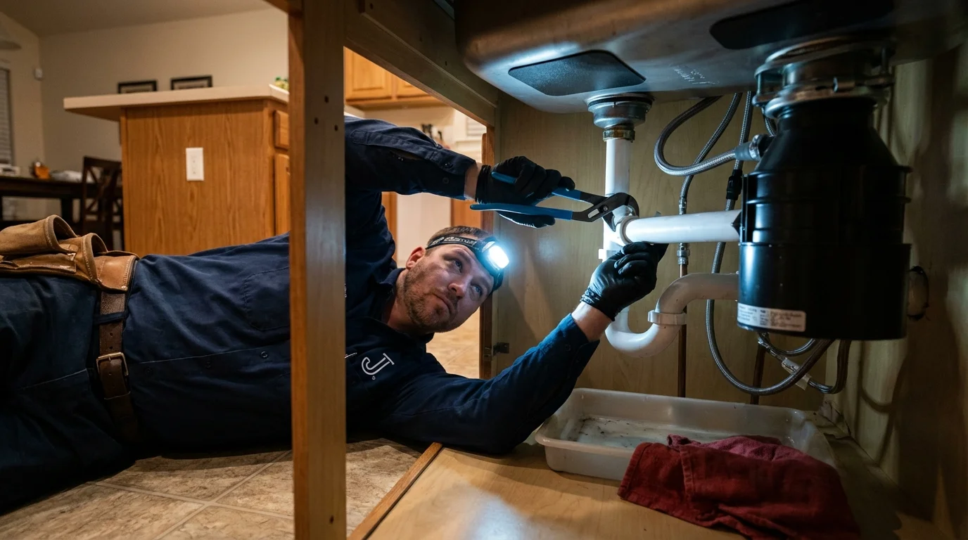 P-trap and supply line connections under a kitchen sink showing a common leak point in Old Greenwich, CT